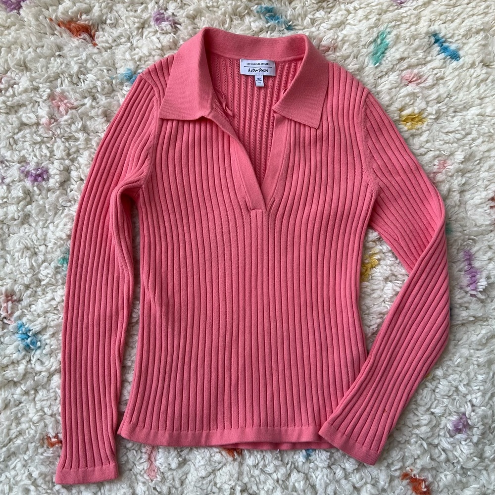 & Other Stories | Pink Ribbed Knit V-Neck Collared Sweater